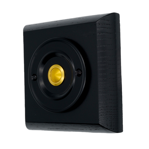 Modern Wireless Doorbell - Stylish Black Ash Square Wooden Plinth and Black Door Bell Push - Gold Centre Button