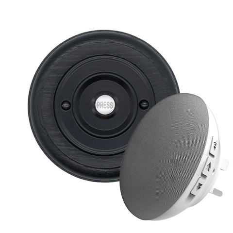 Modern Wireless Doorbell - Stylish Black Ash Round Wooden Plinth and Black Door Bell Push - Black PRESS Button