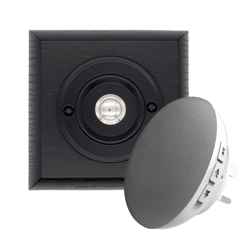 Modern Wireless Doorbell - Stylish Black Ash Square Wooden Plinth and Black Door Bell Push - Chrome Centre Button