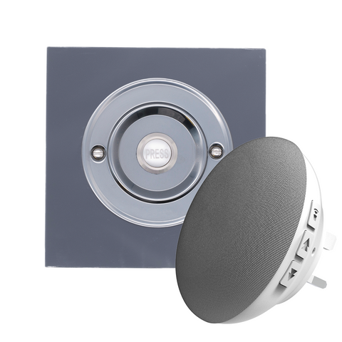 Modern Wireless Doorbell - Stylish Grey Square Perspex Plinth and Brushed Nickel Door Bell Push - Nickel PRESS Button