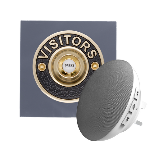 Modern Wireless Doorbell - Stylish Grey Square Perspex Plinth and VISITORS Brass Door Bell Push