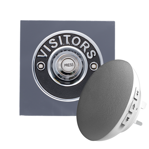 Modern Wireless Doorbell - Stylish Grey Square Perspex Plinth and VISITORS Chrome Door Bell Push