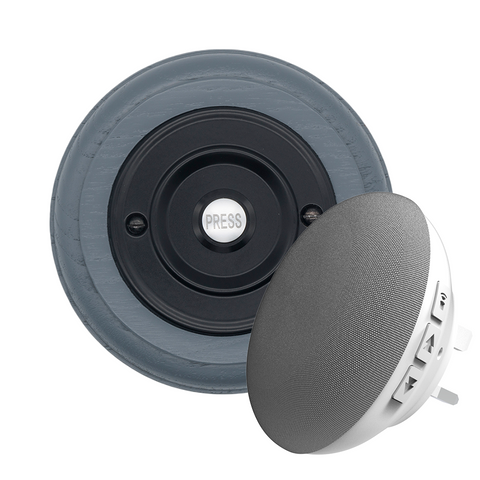 Modern Wireless Doorbell - Stylish Grey Ash Round Wooden Plinth and Black Door Bell Push - Black PRESS Button