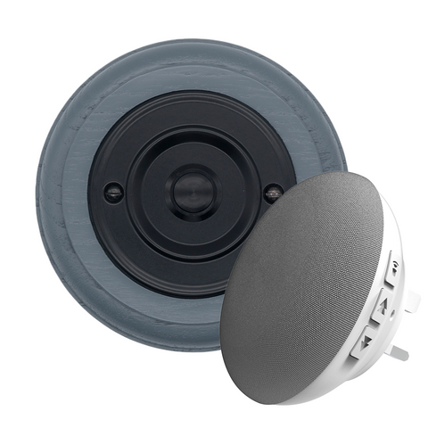 Modern Wireless Doorbell - Stylish Grey Ash Round Wooden Plinth and Black Door Bell Push - Black Centre Button