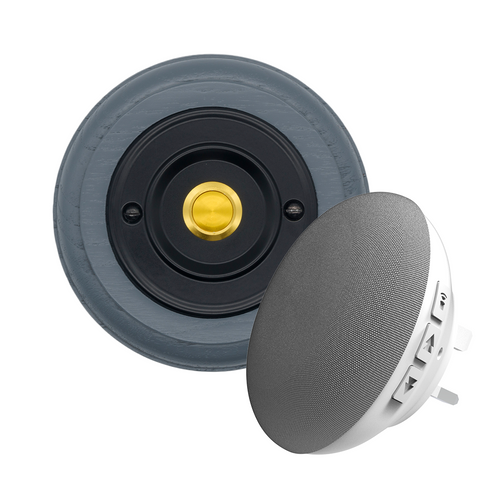 Modern Wireless Doorbell - Stylish Grey Ash Round Wooden Plinth and Black Door Bell Push - Gold Centre Button