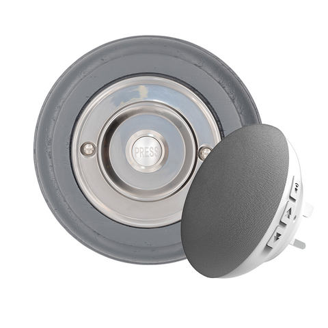 Modern Wireless Doorbell - Stylish Grey Ash Round Wooden Plinth and Nickel Door Bell Push - Nickel PRESS Button