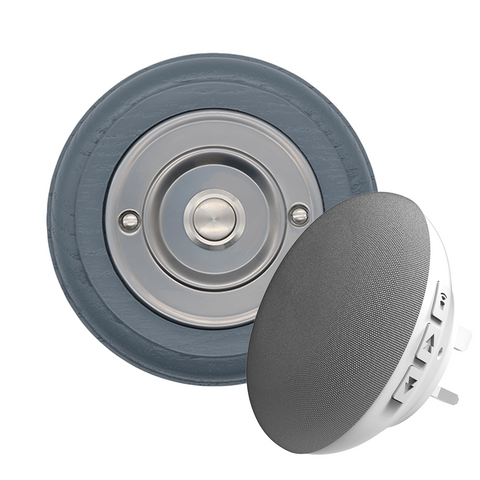 Modern Wireless Doorbell - Stylish Grey Ash Round Wooden Plinth and Nickel Door Bell Push - Nickel Centre Button