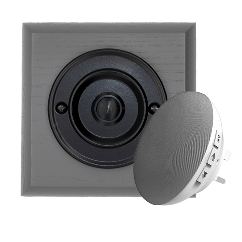 Modern Wireless Doorbell - Stylish Grey Ash Square Wooden Plinth and Black Door Bell Push - Black Centre Button