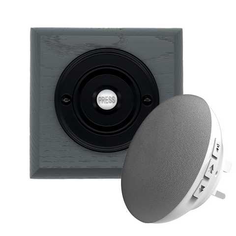 Modern Wireless Doorbell - Stylish Grey Ash Square Wooden Plinth and Black Door Bell Push - Black PRESS Button