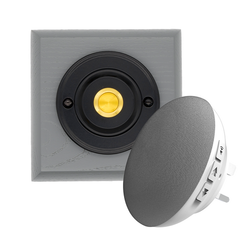 Modern Wireless Doorbell - Stylish Grey Ash Square Wooden Plinth and Black Door Bell Push - Gold Centre Button