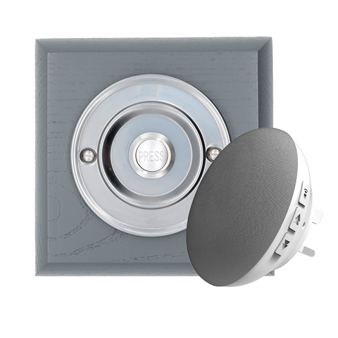 Modern Wireless Doorbell - Stylish Grey Square Wooden Plinth and Brushed Nickel Door Bell Push - Nickel PRESS Button