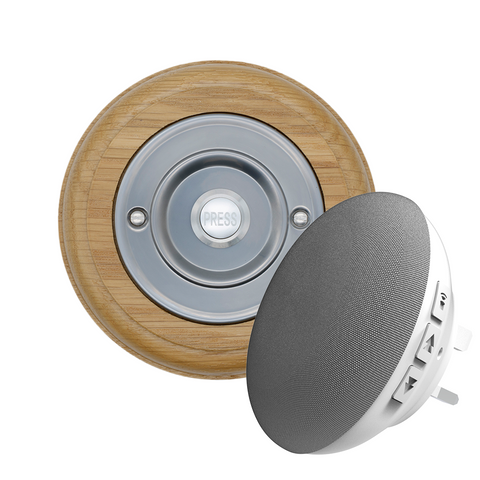Modern Wireless Doorbell - Stylish Honey Round Wooden Plinth and Nickel Door Bell Push - Nickel PRESS Button