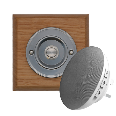 Modern Wireless Doorbell - Stylish Honey Square Wooden Plinth and Brushed Nickel Door Bell Push - Nickel Centre Button