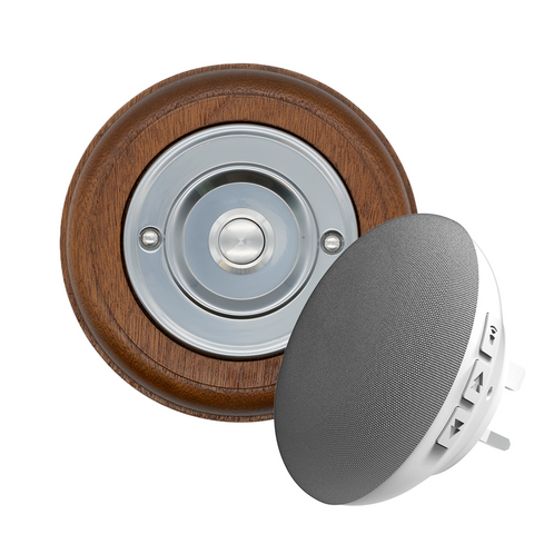 Modern Wireless Doorbell - Stylish Mahogany Round Wooden Plinth and Nickel Door Bell Push - Nickel Centre Button