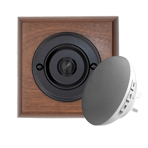 Modern Wireless Doorbell - Stylish Mahogany Square Wooden Plinth and Black Door Bell Push - Black Centre Button
