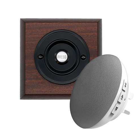 Modern Wireless Doorbell - Stylish Mahogany Square Wooden Plinth and Black Door Bell Push - Black PRESS Button