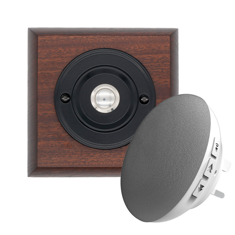 Modern Wireless Doorbell - Stylish Mahogany Square Wooden Plinth and Black Door Bell Push - Chrome Centre Button