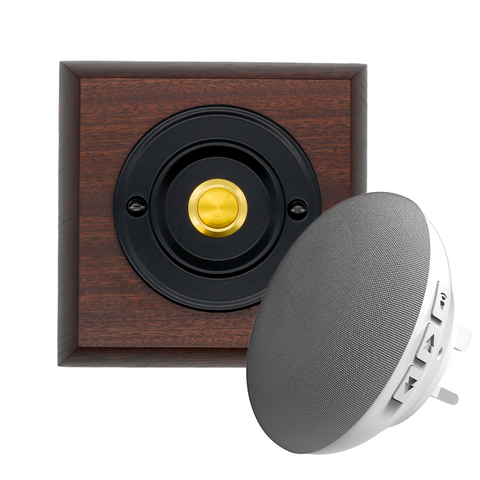 Modern Wireless Doorbell - Stylish Mahogany Square Wooden Plinth and Black Door Bell Push - Gold Centre Button