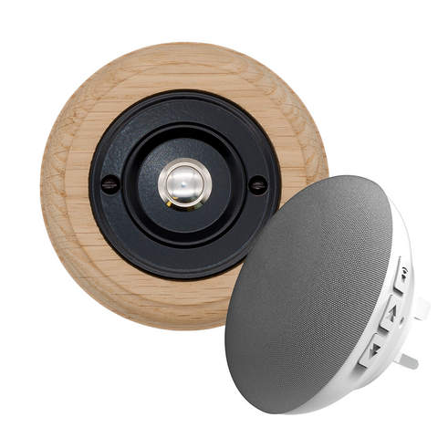 Modern Wireless Doorbell - Stylish Natural Round Wooden Plinth and Black Door Bell Push - Chrome Centre Button