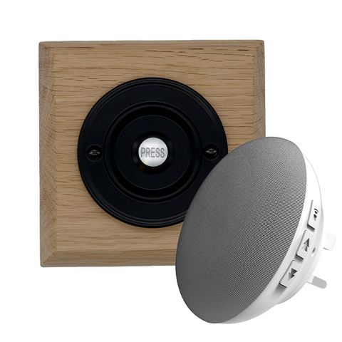 Modern Wireless Doorbell - Stylish Natural Square Wooden Plinth and Black Door Bell Push - Black PRESS Button