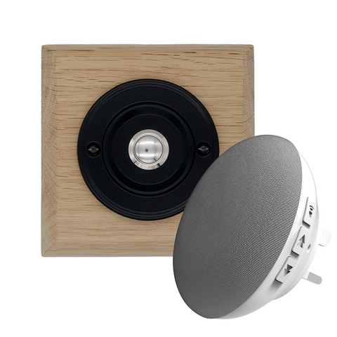 Modern Wireless Doorbell - Stylish Natural Square Wooden Plinth and Black Door Bell Push - Chrome Centre Button