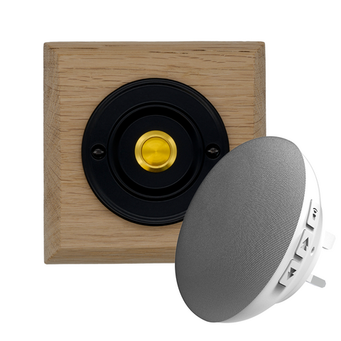 Modern Wireless Doorbell - Stylish Natural Square Wooden Plinth and Black Door Bell Push - Gold Centre Button
