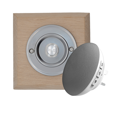 Modern Wireless Doorbell - Stylish Natural Square Wooden Plinth and Brushed Nickel Door Bell Push - Nickel PRESS Button