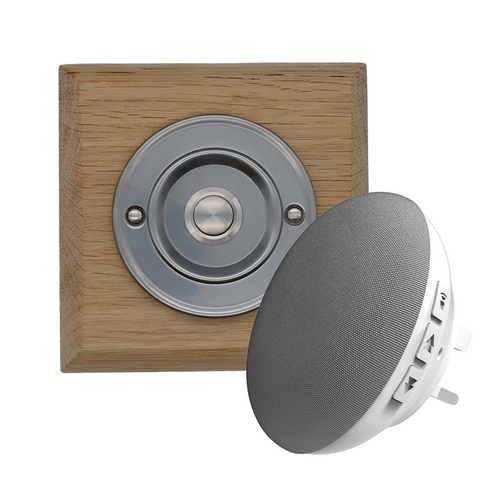 Modern Wireless Doorbell - Stylish Natural Square Wooden Plinth and Brushed Nickel Door Bell Push - Nickel Centre Button