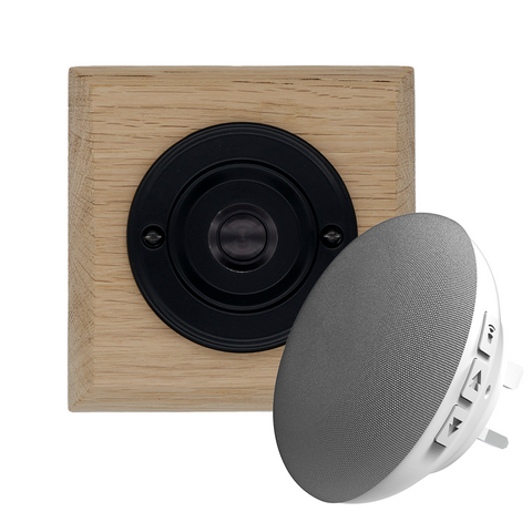 Modern Wireless Doorbell - Stylish Natural Square Wooden Plinth and Black Door Bell Push - Black Centre Button