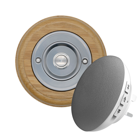 Modern Wireless Doorbell - Stylish Honey Round Wooden Plinth and Nickel Door Bell Push - Nickel Centre Button