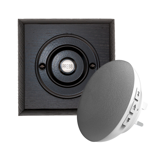Modern Wireless Doorbell - Stylish Black Ash Square Wooden Plinth and Black Door Bell Push - Black PRESS Button