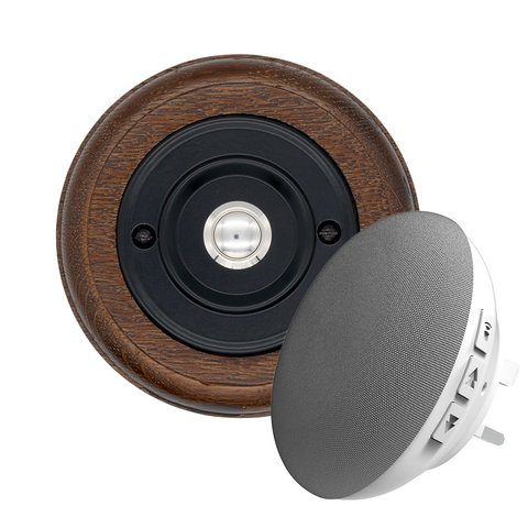 Modern Wireless Doorbell - Stylish Tudor Round Wooden Plinth and Black Door Bell Push - Chrome Centre Button