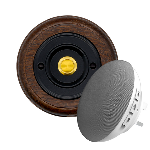 Modern Wireless Doorbell - Stylish Tudor Round Wooden Plinth and Brushed Nickel Door Bell Push - Gold Centre Button