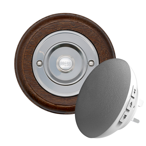 Modern Wireless Doorbell - Stylish Tudor Round Wooden Plinth and Brushed Nickel Door Bell Push - Nickel PRESS Button