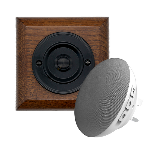 Modern Wireless Doorbell - Stylish Tudor Square Wooden Plinth and Black Door Bell Push - Black Centre Button