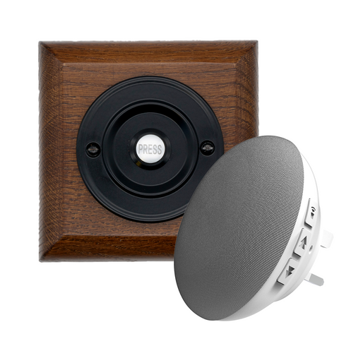 Modern Wireless Doorbell - Stylish Tudor Square Wooden Plinth and Black Door Bell Push - Black Centre Button Black PRESS
