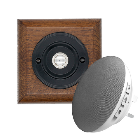 Modern Wireless Doorbell - Stylish Tudor Square Wooden Plinth and Black Door Bell Push - Chrome Centre Button