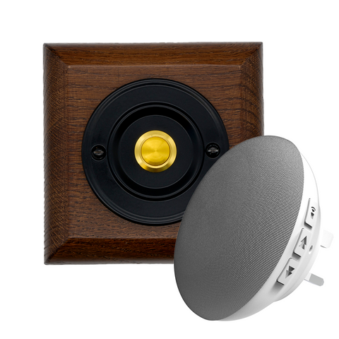 Modern Wireless Doorbell - Stylish Tudor Square Wooden Plinth and Black Door Bell Push - Gold Centre Button