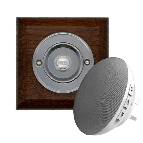 Modern Wireless Doorbell - Stylish Tudor Square Wooden Plinth and Brushed Nickel Door Bell Push - Nickel PRESS Centre Button