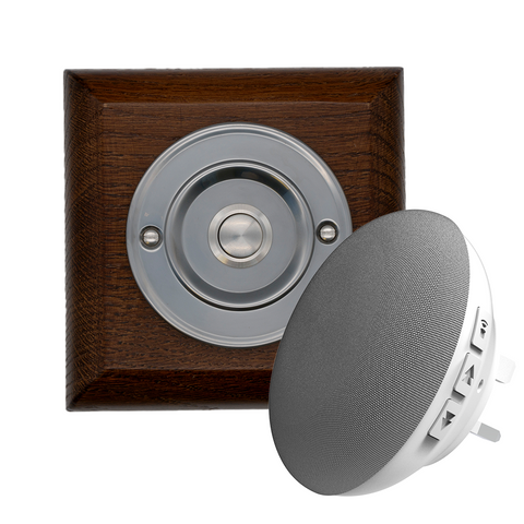 Modern Wireless Doorbell - Stylish Tudor Square Wooden Plinth and Brushed Nickel Door Bell Push - Nickel Centre Button