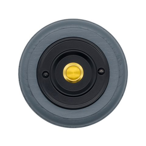 Modern Wireless Doorbell - Stylish Grey Ash Round Wooden Plinth and Black Door Bell Push - Gold Centre Button
