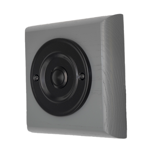 Modern Wireless Doorbell - Stylish Grey Ash Square Wooden Plinth and Black Door Bell Push - Black Centre Button