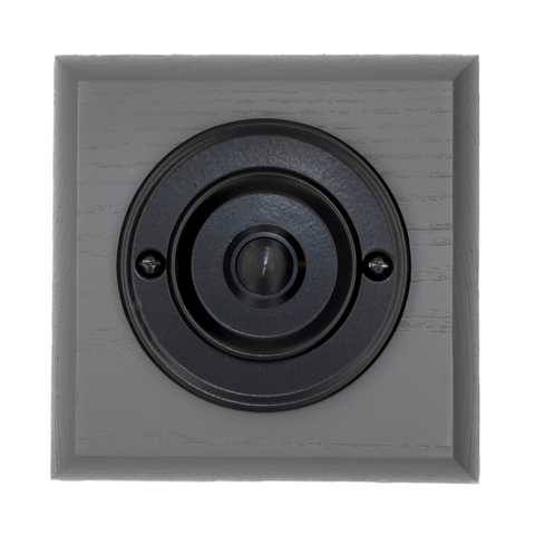 Modern Wireless Doorbell - Stylish Grey Ash Square Wooden Plinth and Black Door Bell Push - Black Centre Button