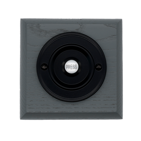Modern Wireless Doorbell - Stylish Grey Ash Square Wooden Plinth and Black Door Bell Push - Black PRESS Button