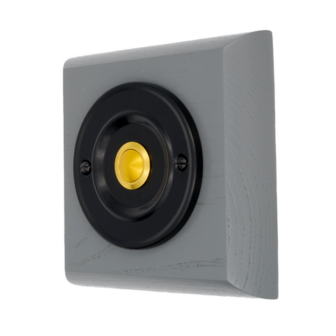 Modern Wireless Doorbell - Stylish Grey Ash Square Wooden Plinth and Black Door Bell Push - Gold Centre Button