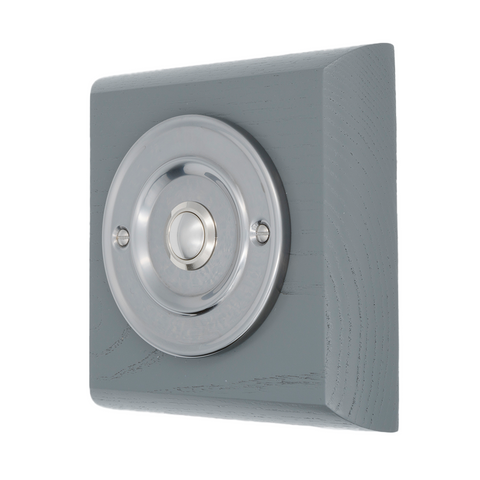 Modern Wireless Doorbell - Stylish Grey Square Wooden Plinth and Brushed Nickel Door Bell Push - Nickel Centre Button