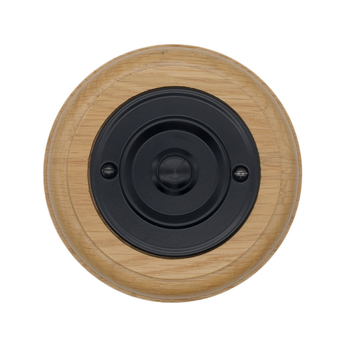 Modern Wireless Doorbell - Stylish Honey Round Wooden Plinth and Black Door Bell Push - Black Centre Button