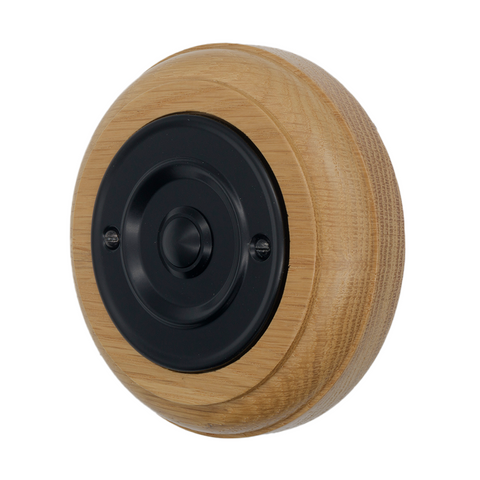 Modern Wireless Doorbell - Stylish Honey Round Wooden Plinth and Black Door Bell Push - Black Centre Button
