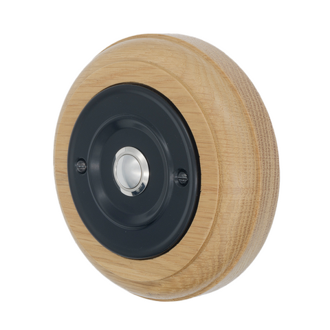 Modern Wireless Doorbell - Stylish Honey Round Wooden Plinth and Black Door Bell Push - Chrome  Centre Button