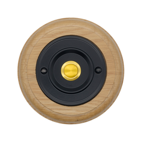 Modern Wireless Doorbell - Stylish Honey Round Wooden Plinth and Black Door Bell Push - Gold Centre Button
